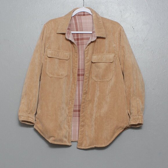 Love tree reversible tan pink plaid fuzzy shacket jacket - Picture 1 of 9